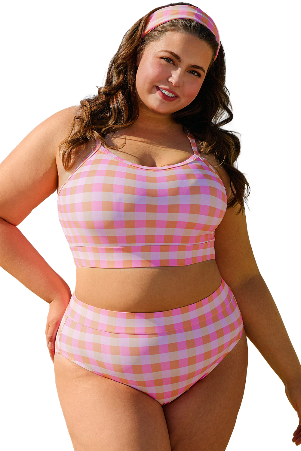 Plus Size Pink  Plaid Print High Waist Bikini Set
