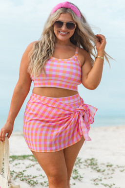 Plus Size Pink  Plaid Print High Waist Bikini Set