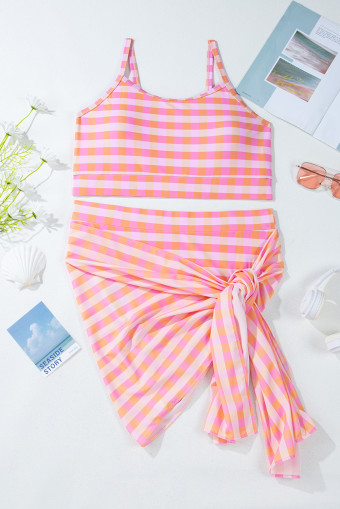 Plus Size Pink  Plaid Print High Waist Bikini Set
