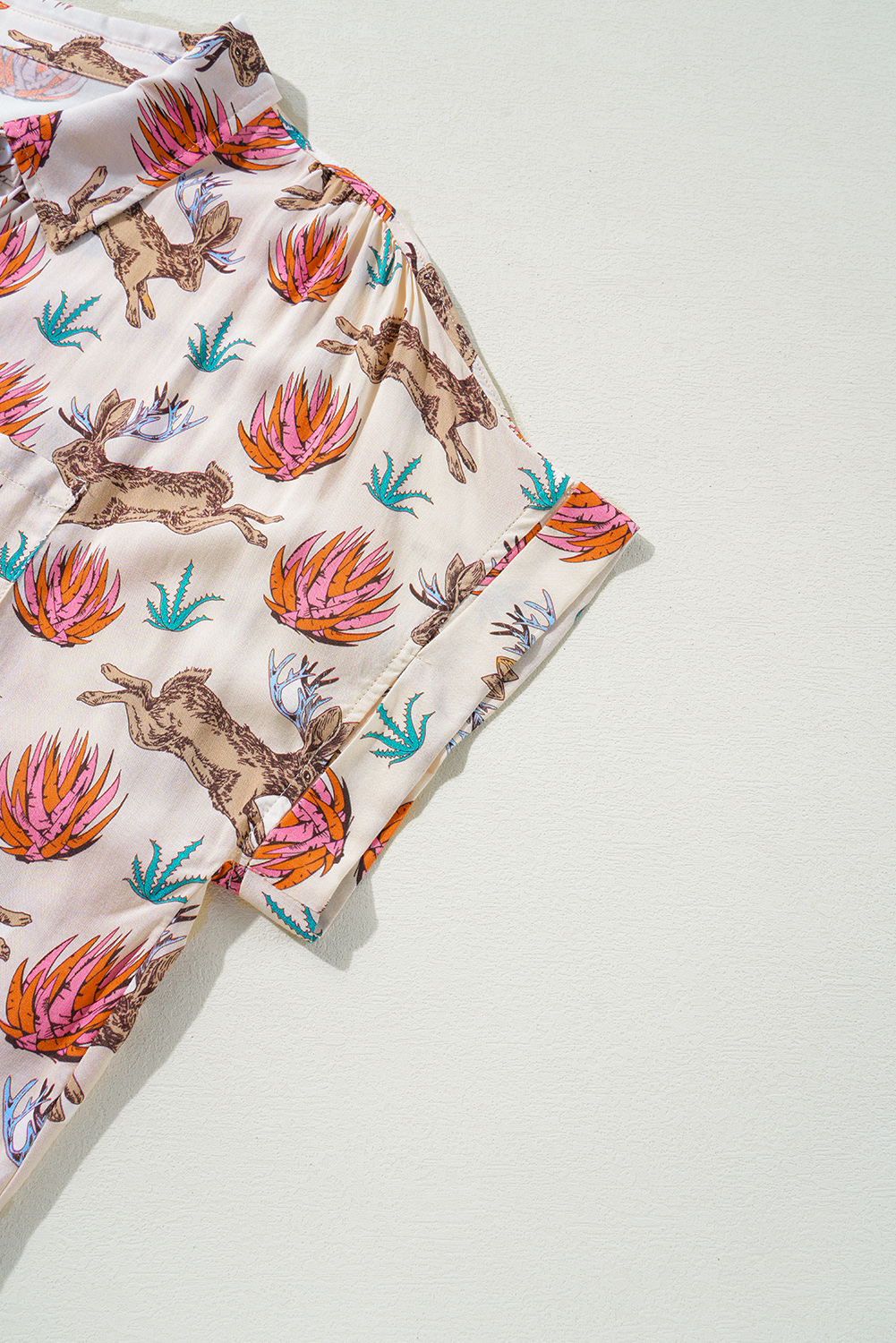 Plus Size Khaki  Western Pattern Print Buttoned Short Sleeve Shirt