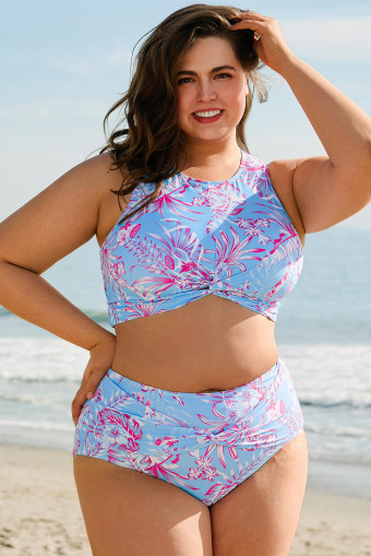 Plus Size Sky Blue Floral Print Twisted High Waist Bikini Set