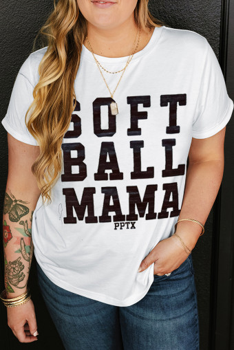 Plus Size White SOFT BALL MAMA Graphic Crewneck Tee