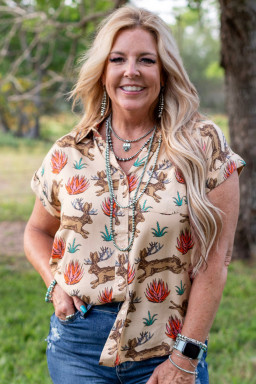 curvy Khaki Western Pattern Print Buttoned Short Sleeve Shirt