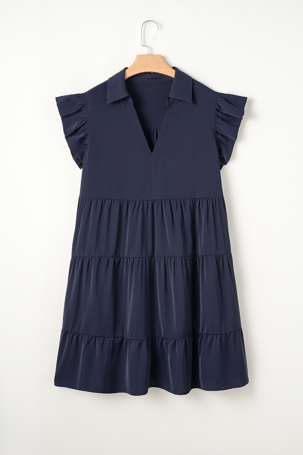 Plus Size Navy Blue Collared V Neck Flutter Sleeve Tiered  Dress