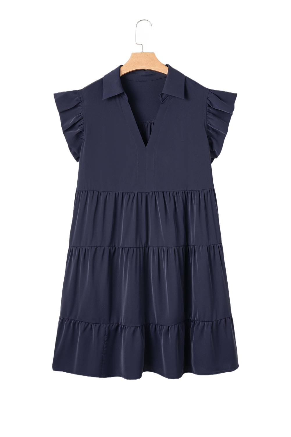 Plus Size Navy Blue Collared V Neck Flutter Sleeve Tiered  Dress