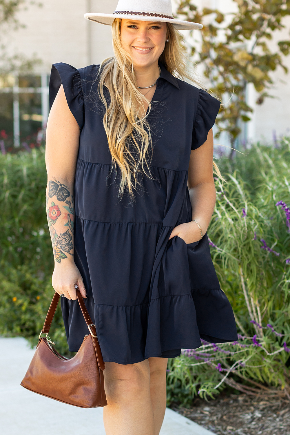 Plus Size Navy Blue Collared V Neck Flutter Sleeve Tiered  Dress