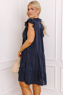 Plus Size Navy Blue Collared V Neck Flutter Sleeve Tiered  Dress