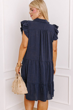 Plus Size Navy Blue Collared V Neck Flutter Sleeve Tiered  Dress