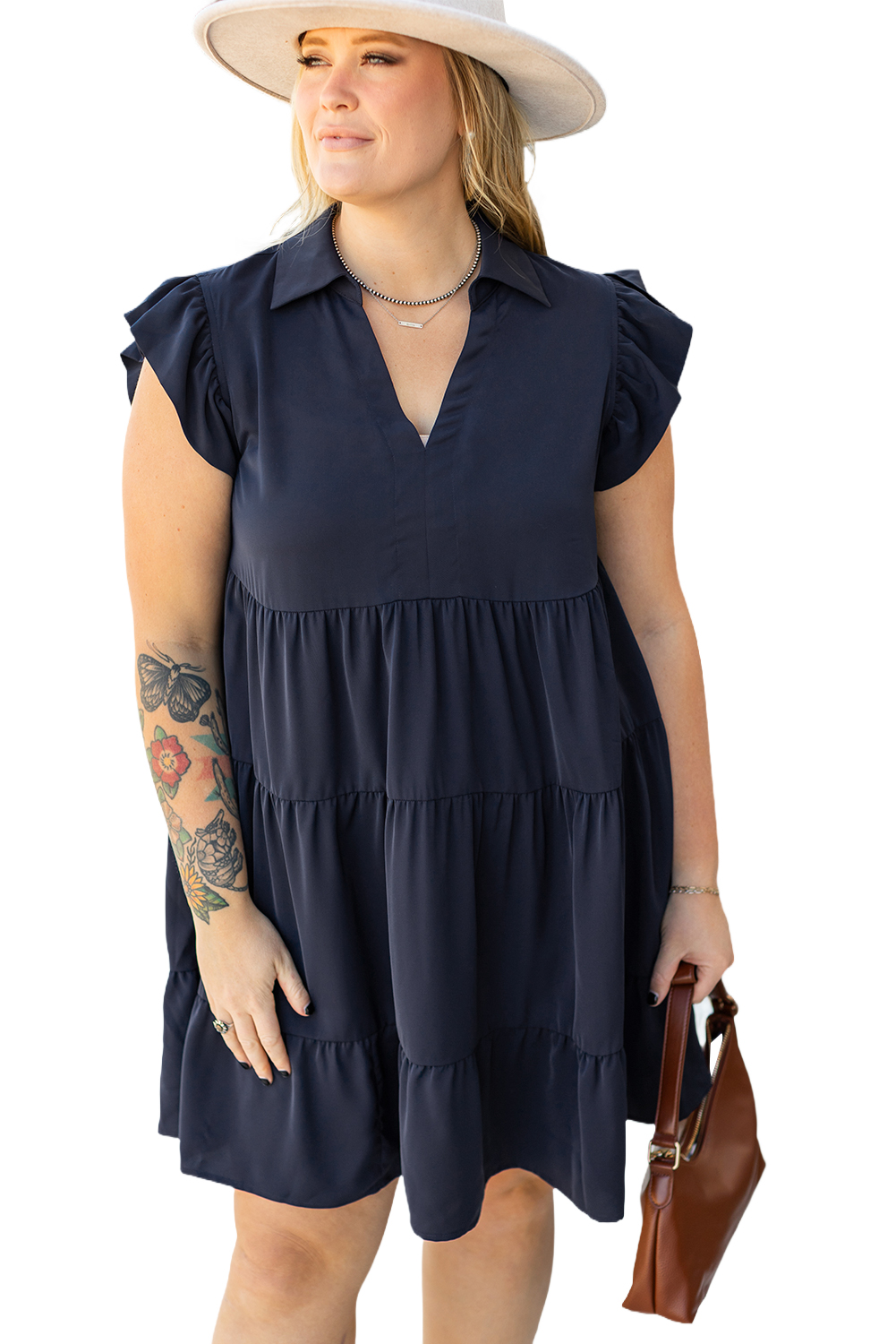 Plus Size Navy Blue Collared V Neck Flutter Sleeve Tiered  Dress