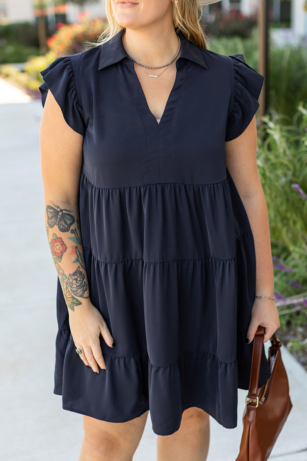 Plus Size Navy Blue Collared V Neck Flutter Sleeve Tiered  Dress