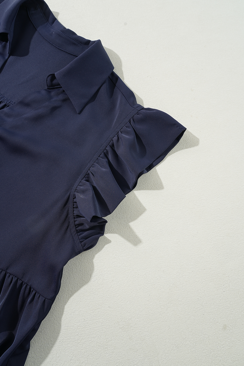 Plus Size Navy Blue Collared V Neck Flutter Sleeve Tiered  Dress