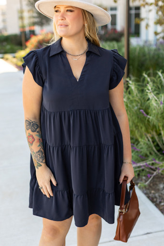 Plus Size Navy Blue Collared V Neck Flutter Sleeve Tiered Dress