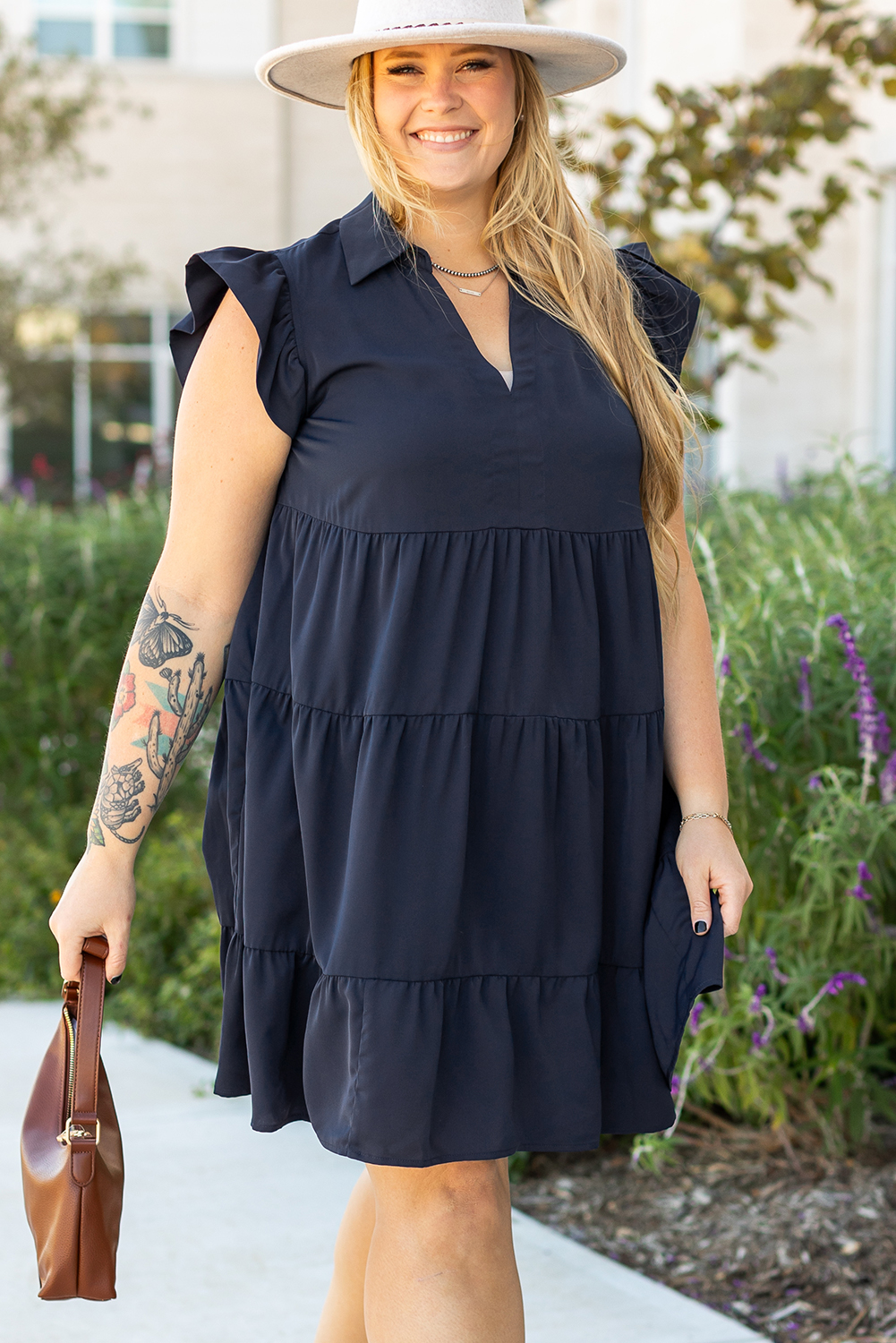 Plus Size Navy Blue Collared V Neck Flutter Sleeve Tiered  Dress