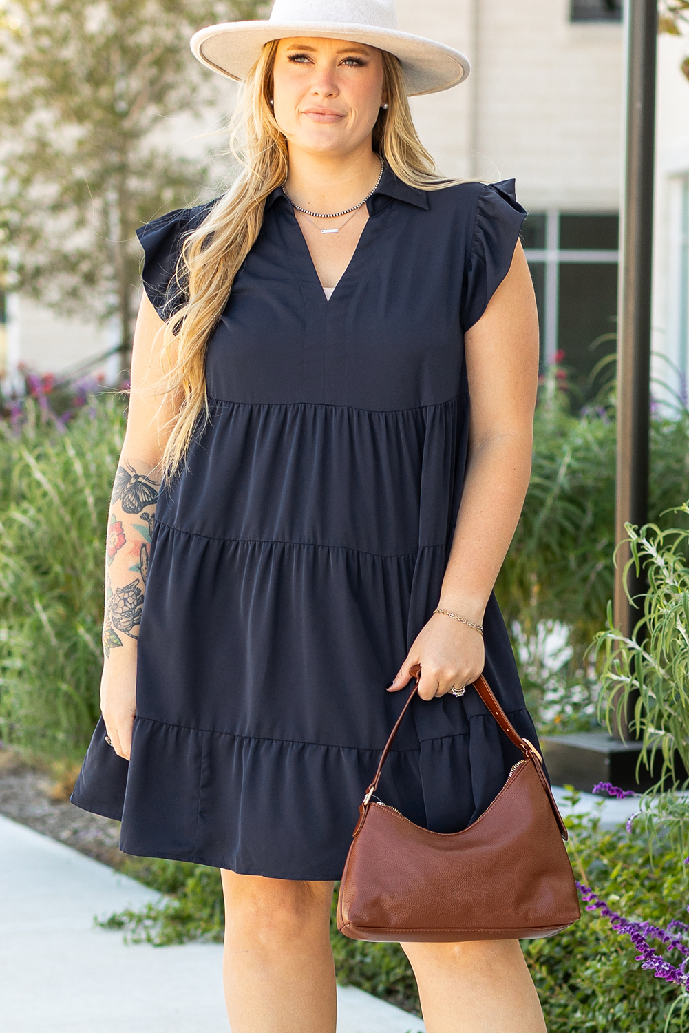 Plus Size Navy Blue Collared V Neck Flutter Sleeve Tiered  Dress