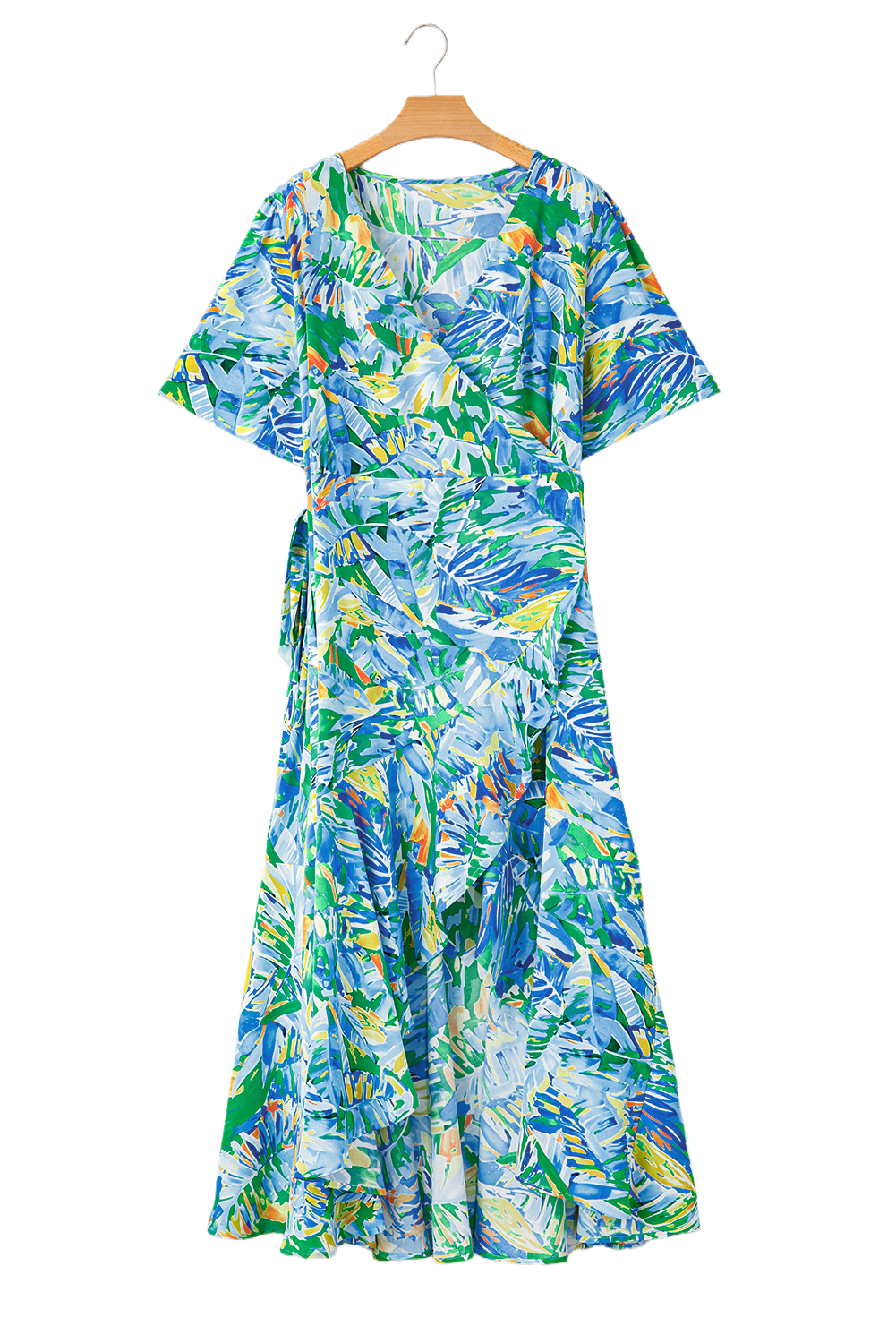 Plus Size Green Leaves Print Short Sleeve Surplice Neck Ruffled Trim  Maxi Dress