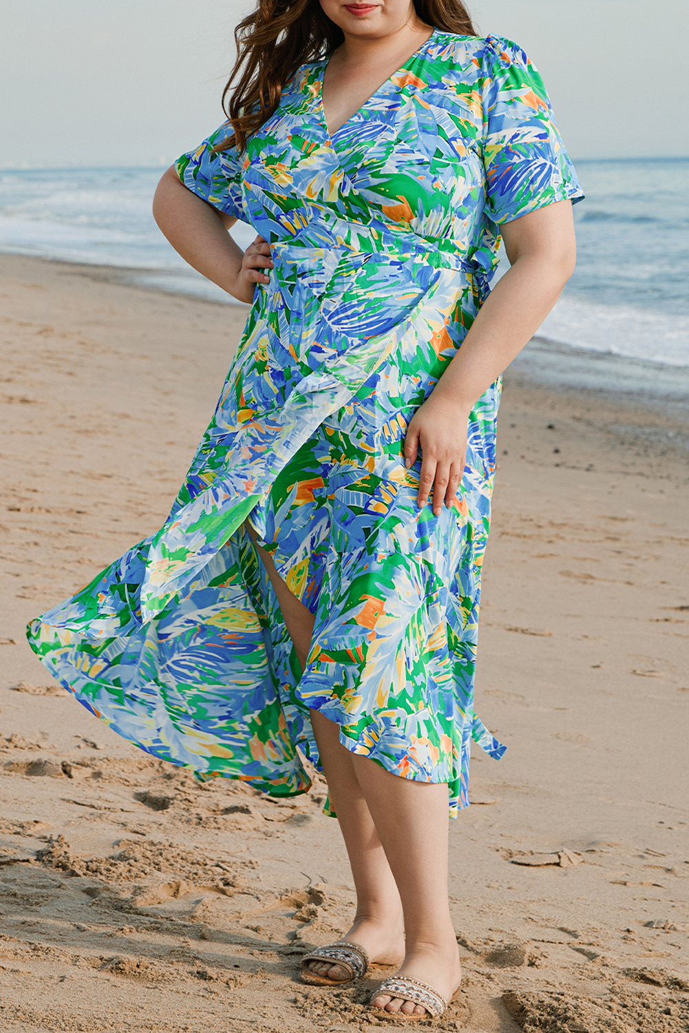 Plus Size Green Leaves Print Short Sleeve Surplice Neck Ruffled Trim  Maxi Dress