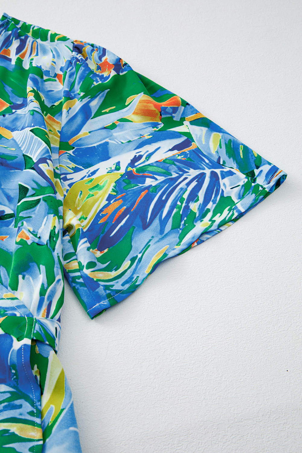 Plus Size Green Leaves Print Short Sleeve Surplice Neck Ruffled Trim  Maxi Dress