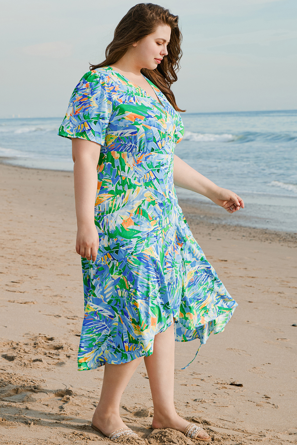 Plus Size Green Leaves Print Short Sleeve Surplice Neck Ruffled Trim  Maxi Dress