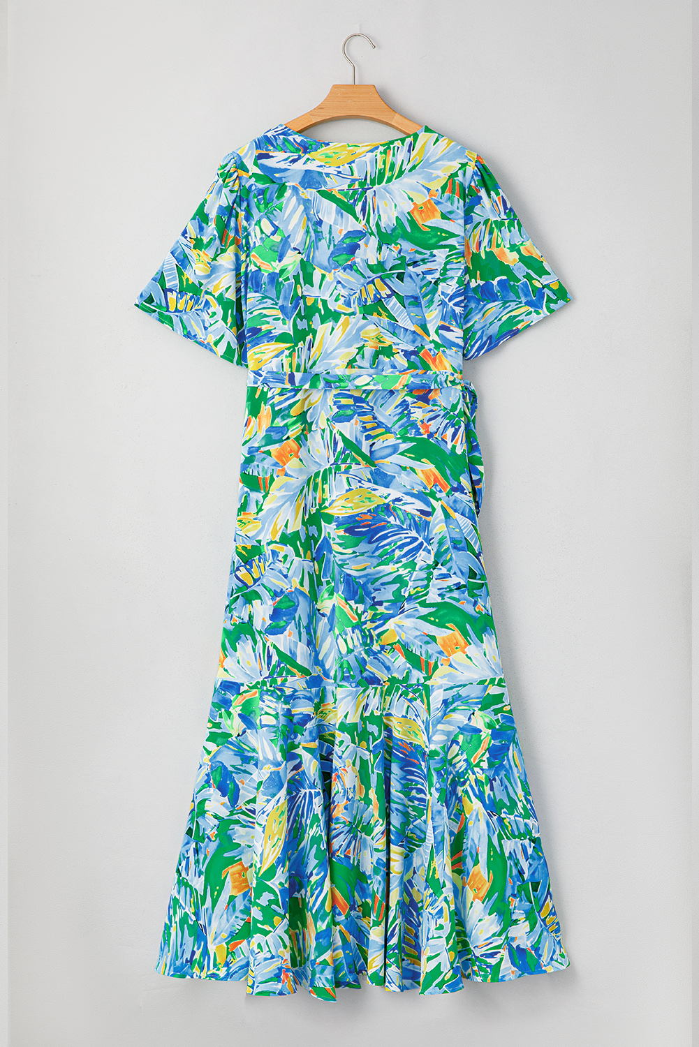 Plus Size Green Leaves Print Short Sleeve Surplice Neck Ruffled Trim  Maxi Dress