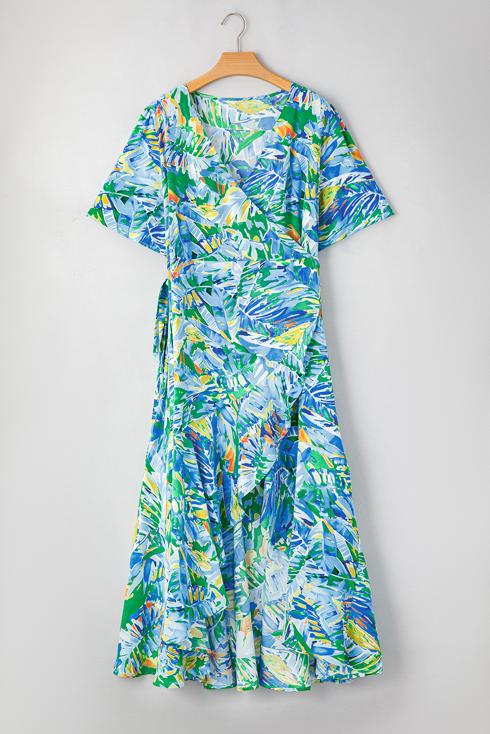 Plus Size Green Leaves Print Short Sleeve Surplice Neck Ruffled Trim  Maxi Dress