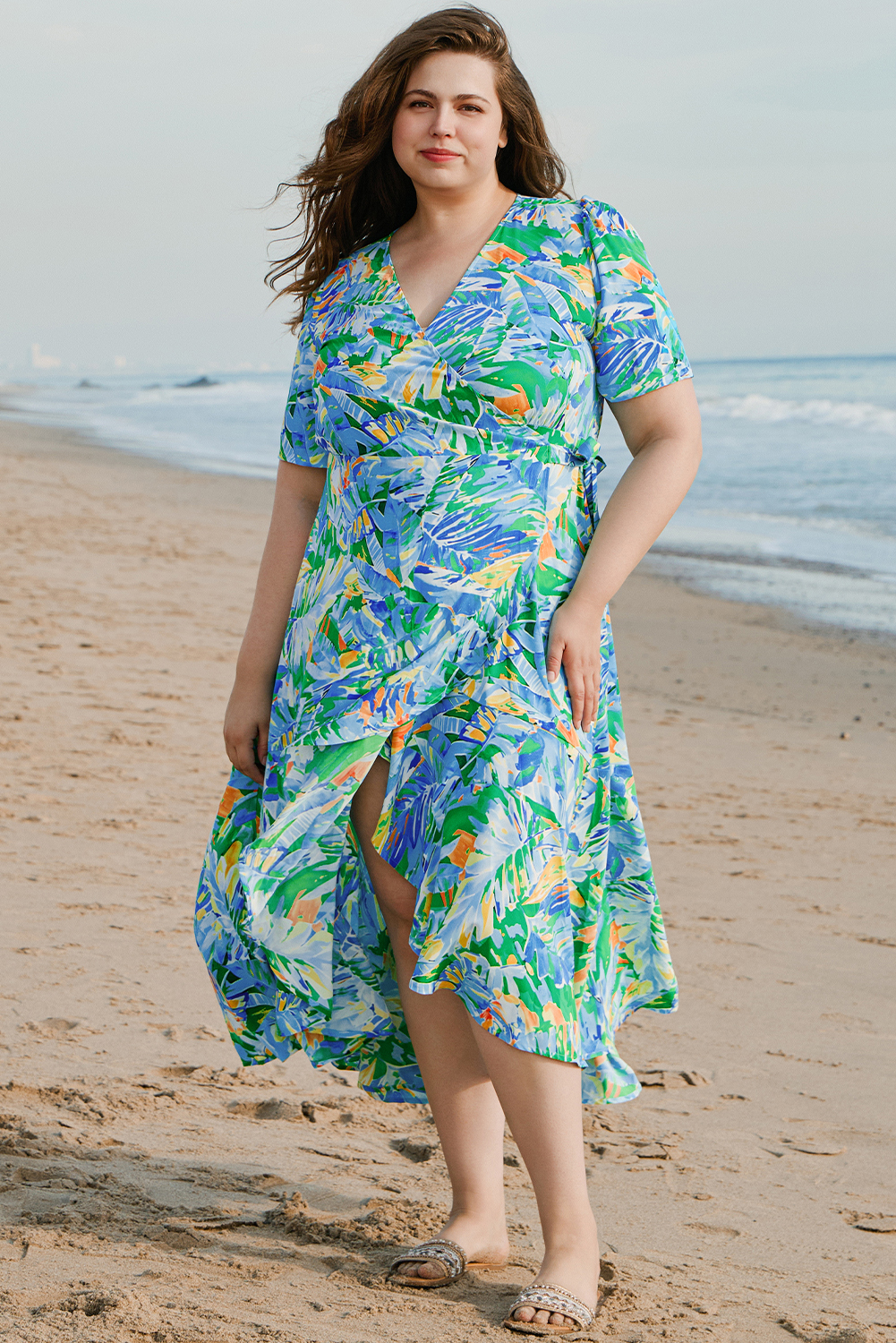 Plus Size Green Leaves Print Short Sleeve Surplice Neck Ruffled Trim  Maxi Dress