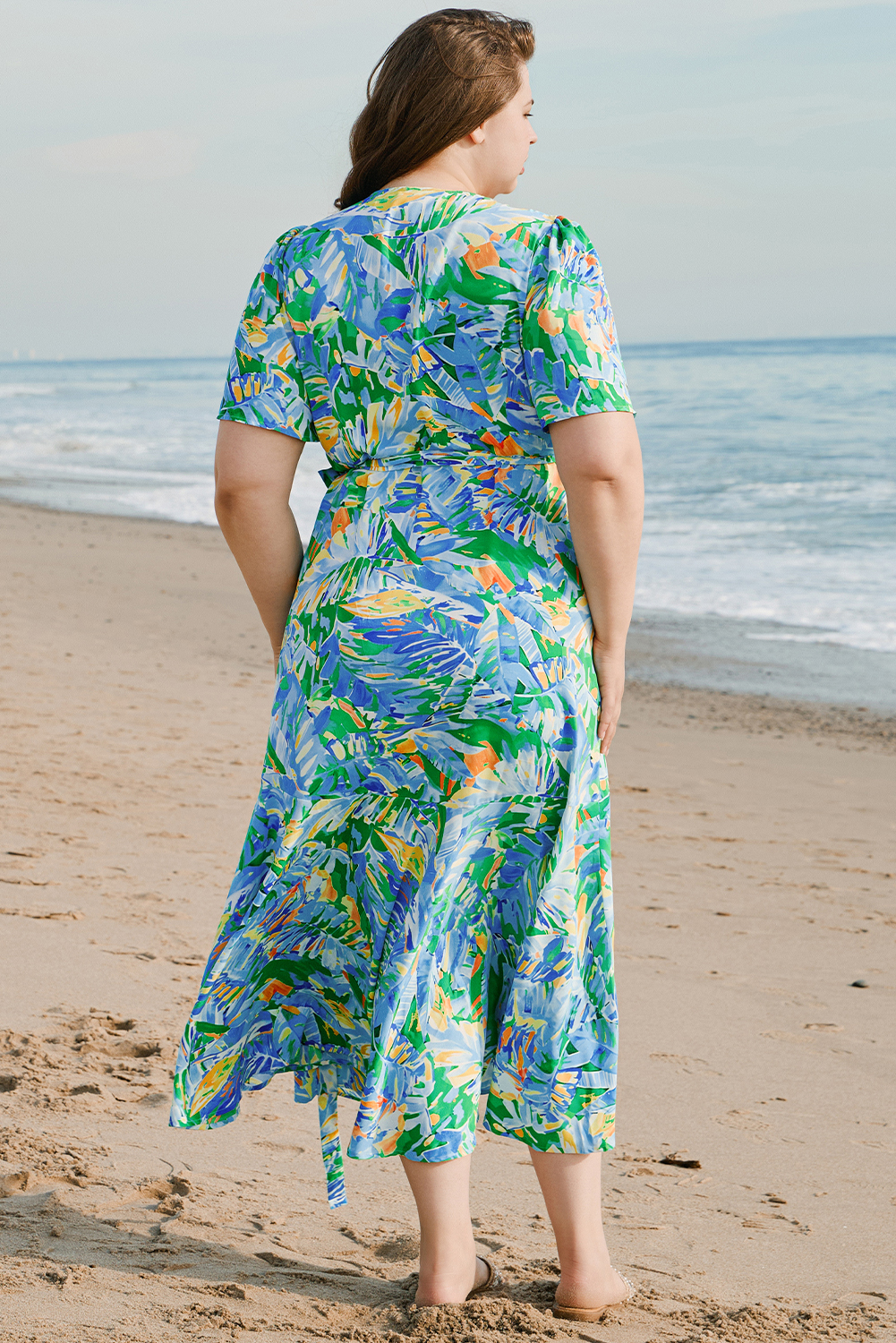 Plus Green Leaves Print Short Sleeve Surplice Neck Ruffled Trim Maxi Dress