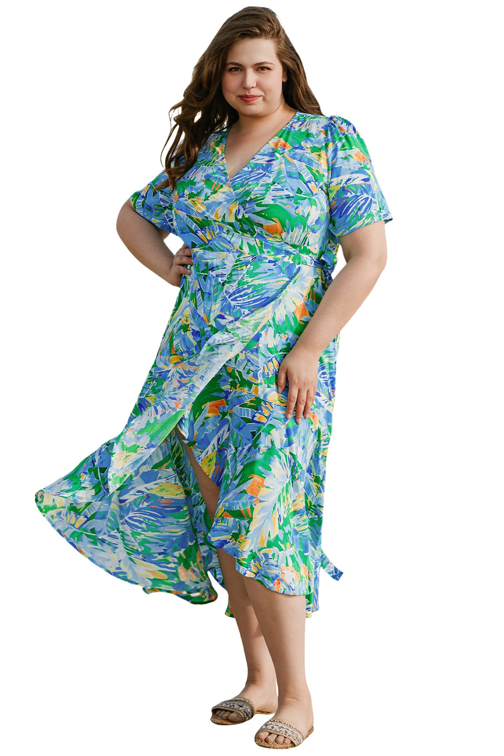 Plus Size Green Leaves Print Short Sleeve Surplice Neck Ruffled Trim  Maxi Dress