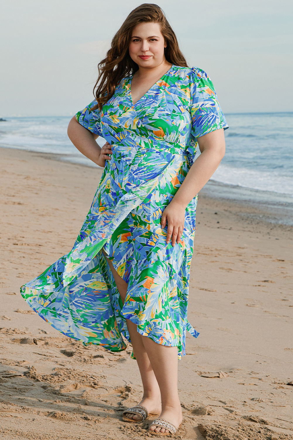 Plus Size Green Leaves Print Short Sleeve Surplice Neck Ruffled Trim Maxi Dress