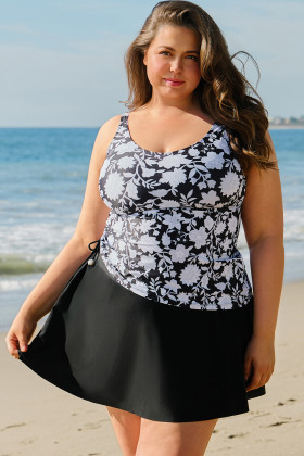 Plus Size Black Printed Square Neck Drawstring Ruffled Tankini Set
