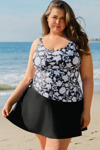Plus Size Black Printed Square Neck Drawstring Ruffled Tankini Set