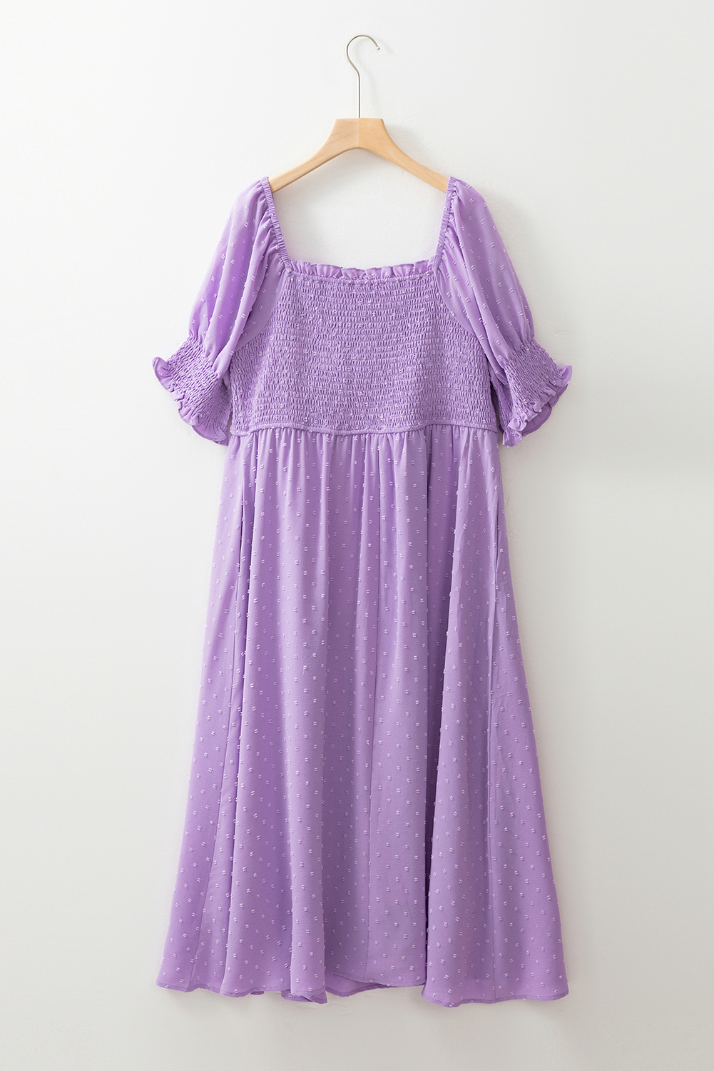 Plus Size Wisteria Swiss Dot Smocked Frilled Neckline Short Sleeve  Dress