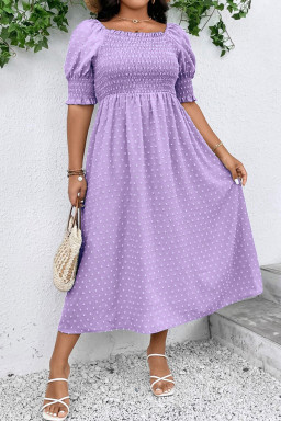 Plus Size Wisteria Swiss Dot Smocked Frilled Neckline Short Sleeve  Dress