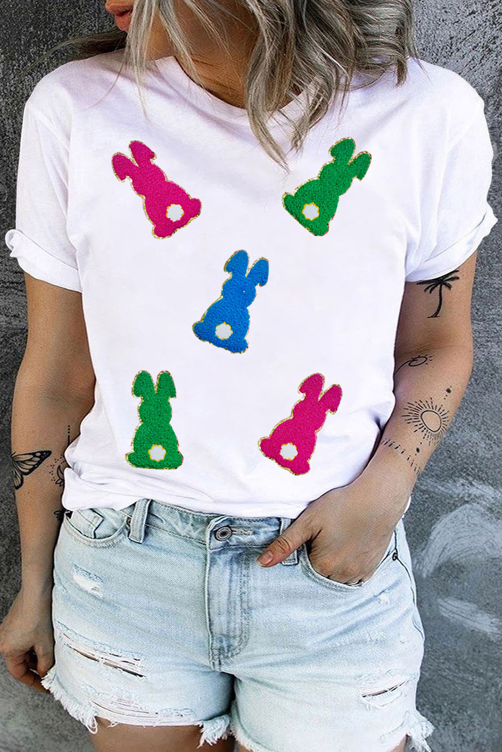 Plus White Easter Bunny Chenille Patch Graphic Tee