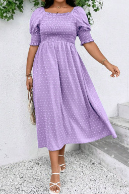 Plus Size Wisteria Swiss Dot Smocked Frilled Neckline Short Sleeve Dress