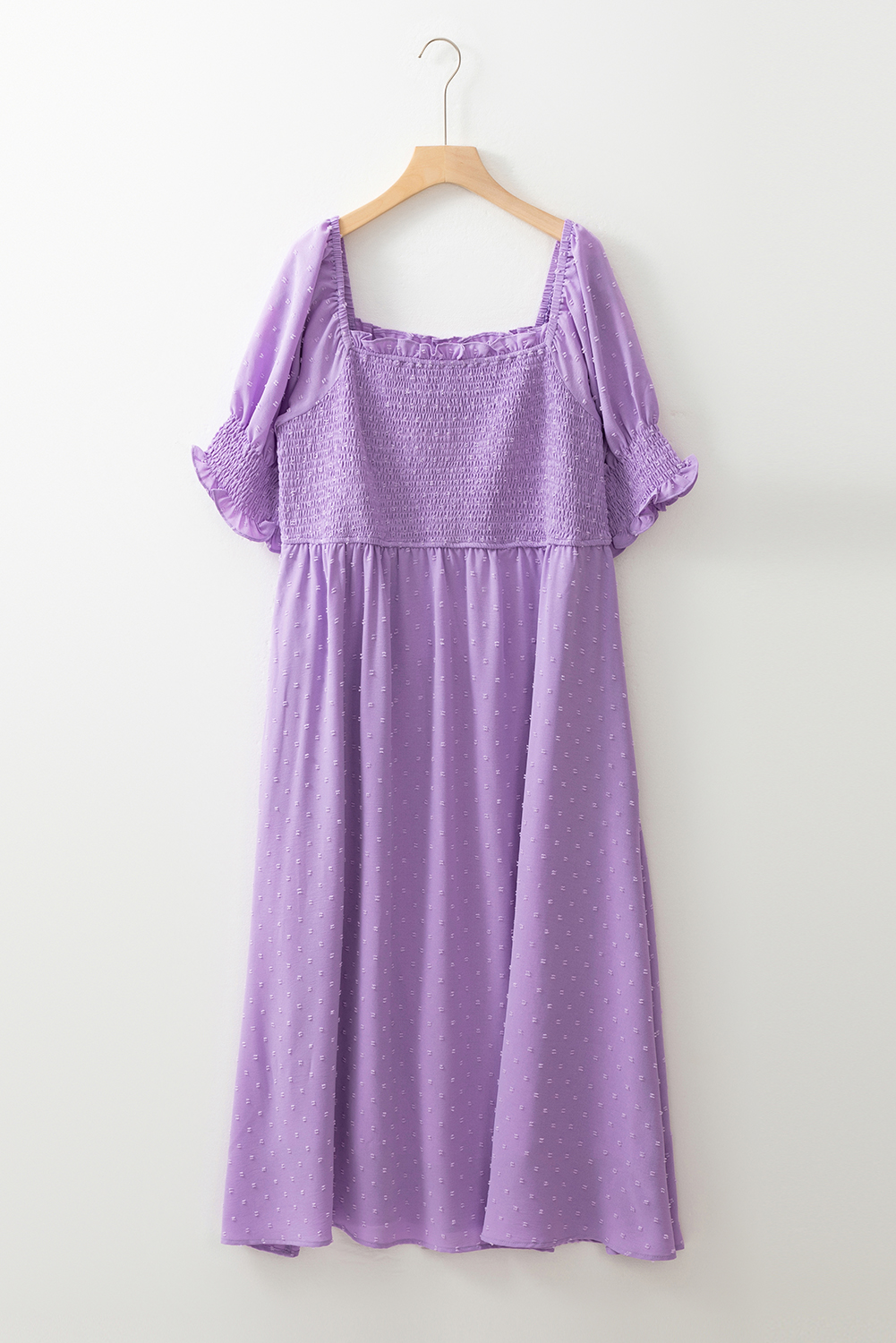 Plus Size Wisteria Swiss Dot Smocked Frilled Neckline Short Sleeve  Dress