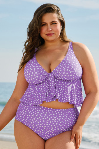 Plus Size Purple Polka Dot Print Ruffled Knotted V Neck Tankini Set