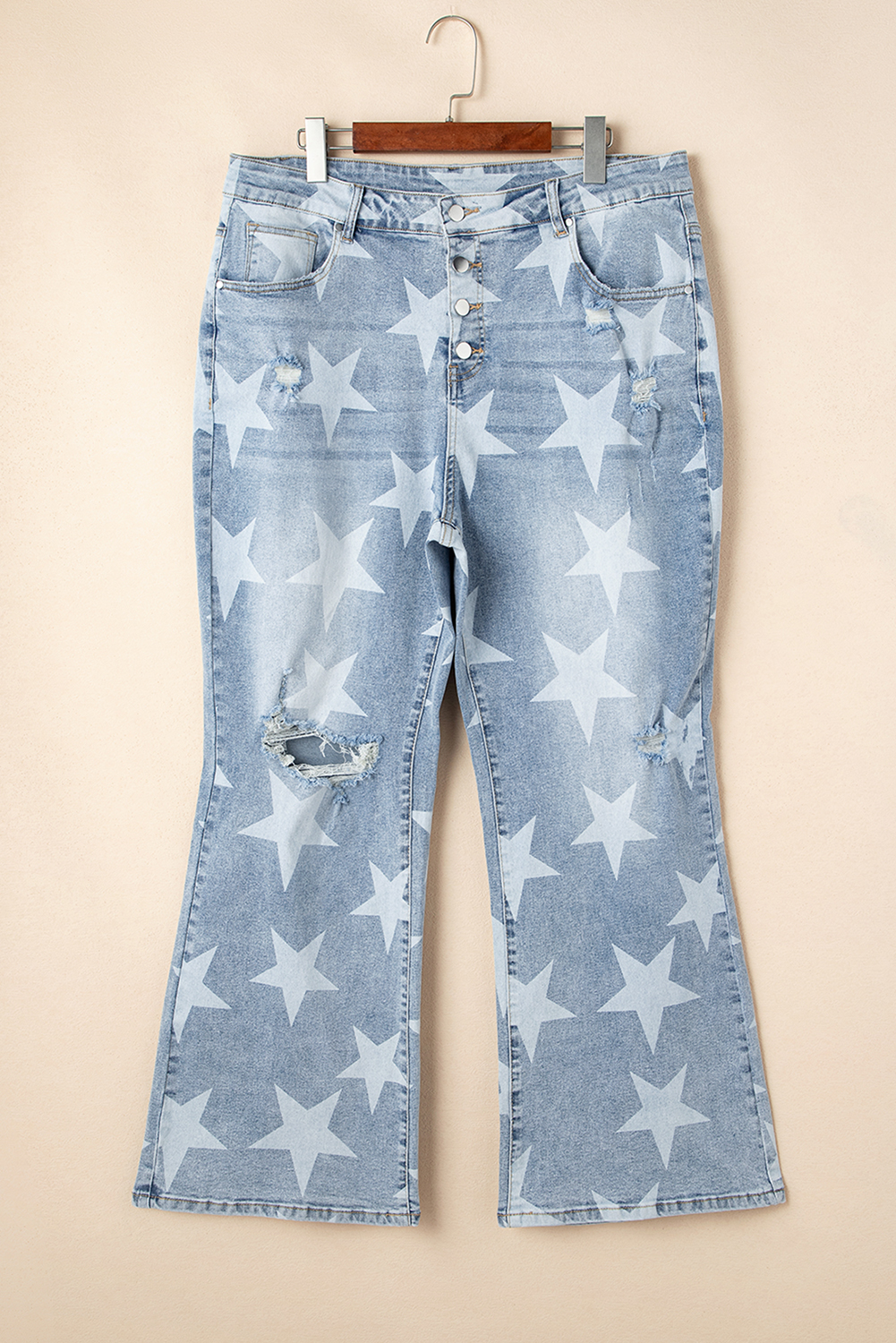 oversized Sky Blue Star Printed Multi Buttons Slit Knee Destroyed Jeans