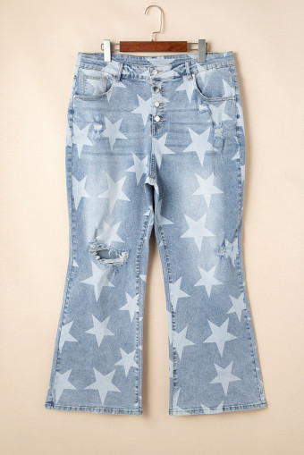 Plus Size Sky Blue Star Printed Multi Buttons Slit Knee Destroyed  Jeans