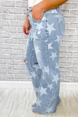 large Size Sky Blue Star Printed Multi Buttons Slit Knee Destroyed Jeans