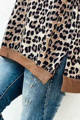 Plus Size Khaki Leopard Contrast Trim Short Sleeve Loose  Top
