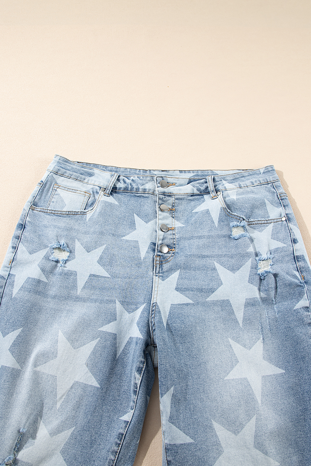 Plus Size Sky Blue Star Printed Multi Buttons Slit Knee Destroyed  Jeans