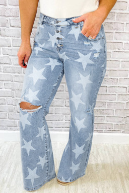 Plus Size Sky Blue Star Printed Multi Buttons Slit Knee Destroyed Jeans