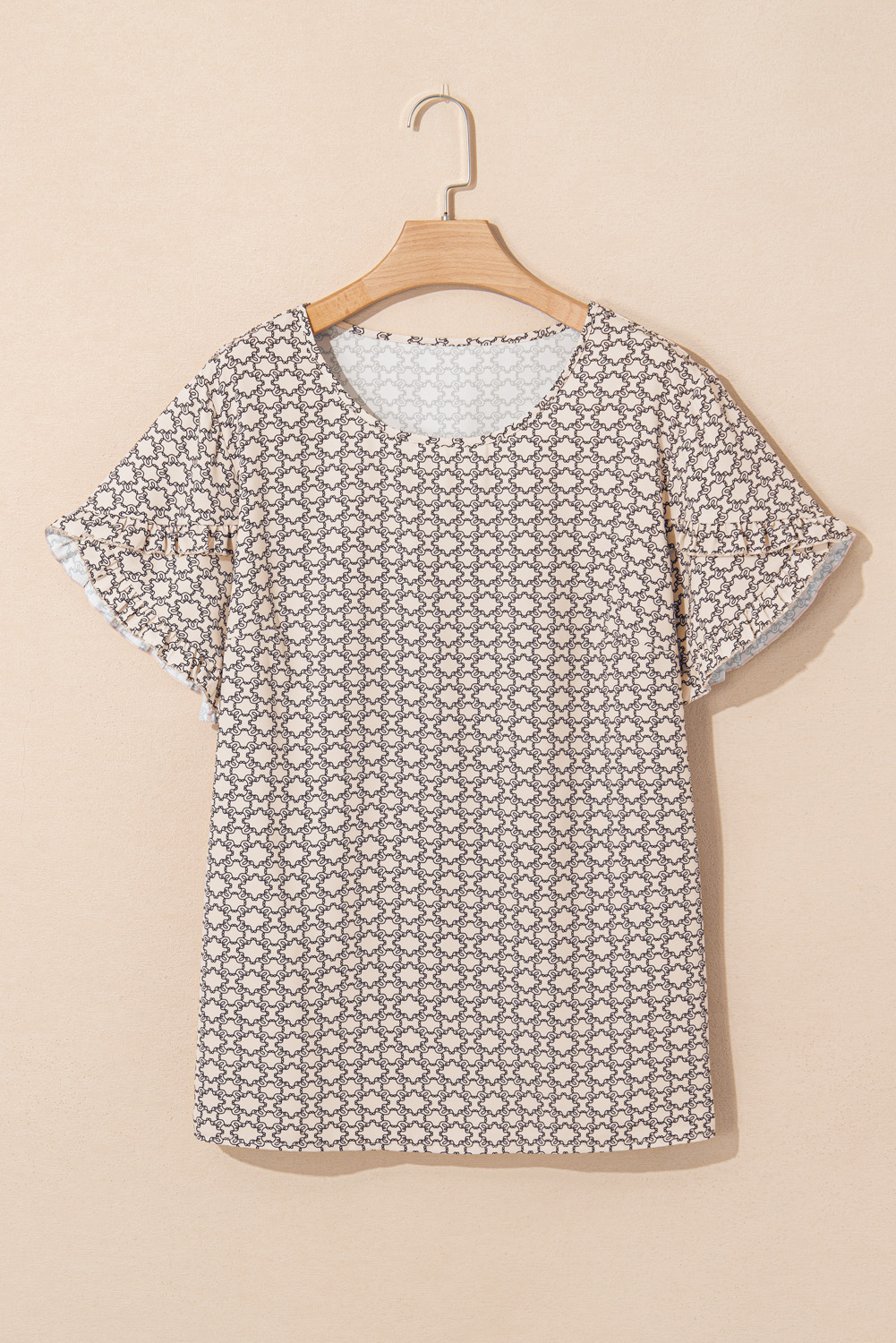 Plus Size Khaki  Geometric Print Ruffled Sleeve Blouse