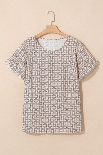 Plus Size Khaki  Geometric Print Ruffled Sleeve Blouse