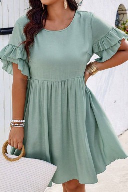 Plus Size Grass Green Ruffle Trim Short Sleeve  Flared Mini Dress