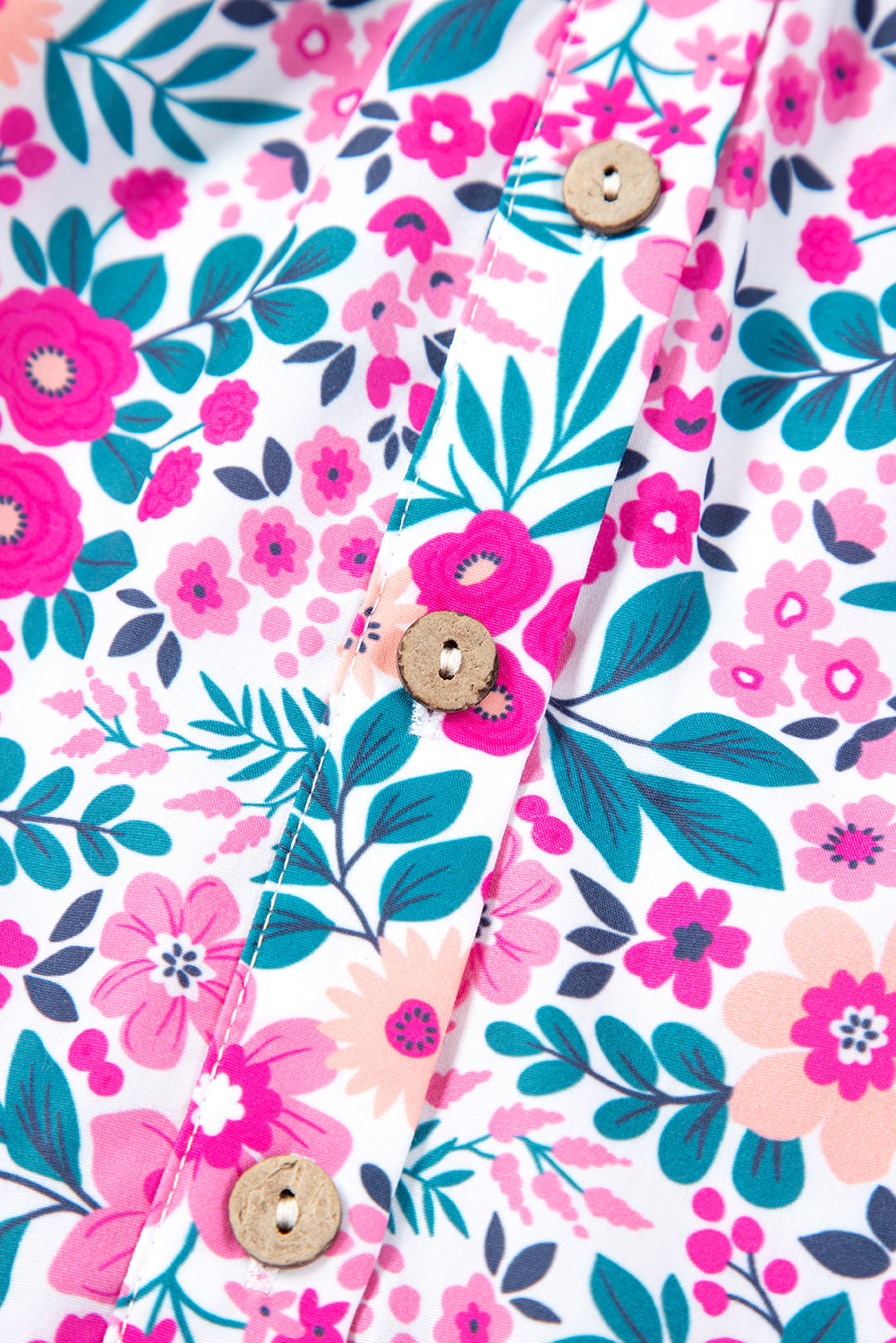 Plus Size Pink  Floral Half Button Short Puff Sleeve A-line Dress