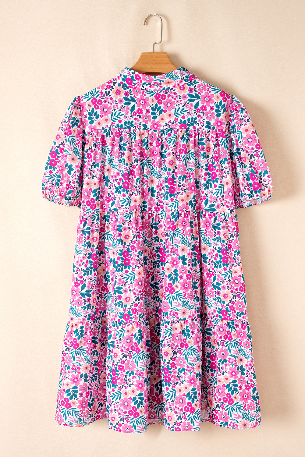 Plus Size Pink  Floral Half Button Short Puff Sleeve A-line Dress
