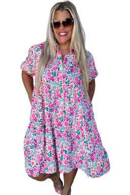 Plus Size Pink  Floral Half Button Short Puff Sleeve A-line Dress