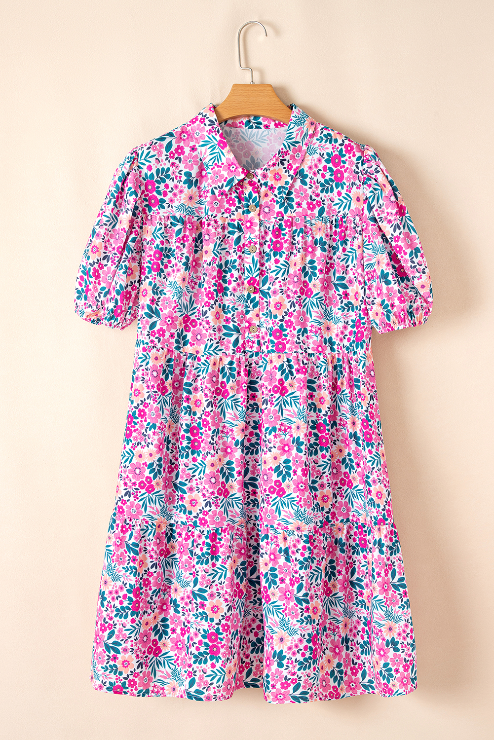 Plus Size Pink  Floral Half Button Short Puff Sleeve A-line Dress