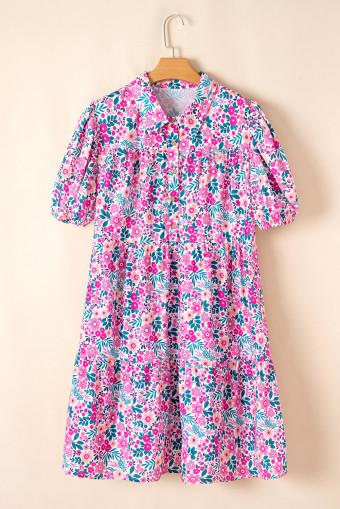 Plus Size Pink  Floral Half Button Short Puff Sleeve A-line Dress